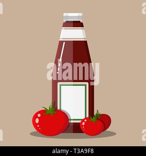 Bottiglia di vetro della tradizionale salsa Ketchup di pomodoro e verdure. Bottiglia di salsa. Illustrazione Vettoriale in stile piatto Illustrazione Vettoriale