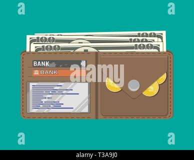 Aperto in pelle marrone uomini portafoglio con carte di credito delle monete in oro e dollari in contanti. Illustrazione Vettoriale in design piatto Illustrazione Vettoriale