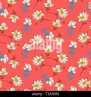 Disegnata a mano fiori colori luminosi seamless disegno vettoriale. Illustrazione Vettoriale