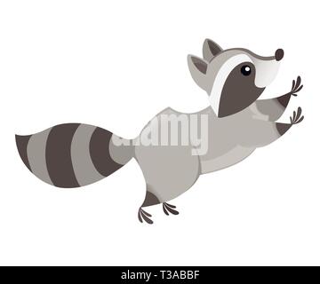 Cartoon carino raccoon jumping, vista laterale. Animali Cartoon character design. Piatto illustrazione vettore isolato su sfondo bianco. Illustrazione Vettoriale