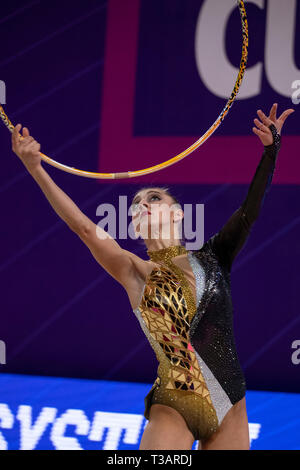 Pesaro, Italia. 7 apr, 2019. La Bulgaria è Boryana Kaleyn durante la FIG Rhythmic Gymnastics World Cup Pesaro 2019 singolo nastro Cerimonia di premiazione a Adriatic Arena di Pesaro, Italia, Aprile 7, 2019. (Foto di Enrico Calderoni/AFLO SPORT) Credito: Aflo Co. Ltd./Alamy Live News Foto Stock