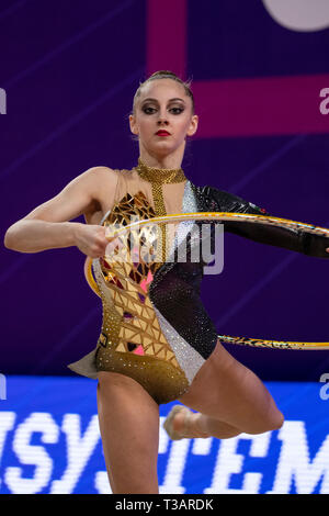 Pesaro, Italia. 7 apr, 2019. La Bulgaria è Boryana Kaleyn durante la FIG Rhythmic Gymnastics World Cup Pesaro 2019 singolo nastro Cerimonia di premiazione a Adriatic Arena di Pesaro, Italia, Aprile 7, 2019. (Foto di Enrico Calderoni/AFLO SPORT) Credito: Aflo Co. Ltd./Alamy Live News Foto Stock