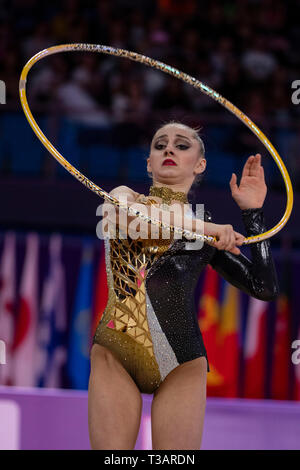 Pesaro, Italia. 7 apr, 2019. La Bulgaria è Boryana Kaleyn durante la FIG Rhythmic Gymnastics World Cup Pesaro 2019 singolo nastro Cerimonia di premiazione a Adriatic Arena di Pesaro, Italia, Aprile 7, 2019. (Foto di Enrico Calderoni/AFLO SPORT) Credito: Aflo Co. Ltd./Alamy Live News Foto Stock