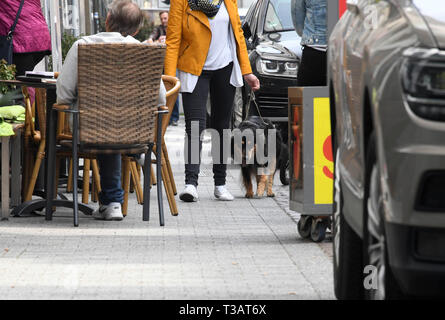 Karlsruhe, Germania. 02Apr, 2019. Nel sud Waldstrasse una persona passa i posti a sedere esterni di un ristorante sul marciapiede. A destra è possibile vedere le auto in sosta su di una corsia di parcheggio. Sarà stretto in Germania il marciapiedi. Ora coloro che appartengono vi lotta indietro: pedoni. (A dpa " lotta per il marciapiede: pedoni difendersi contro ostacolo corso') Credito: Uli Deck/dpa/Alamy Live News Foto Stock