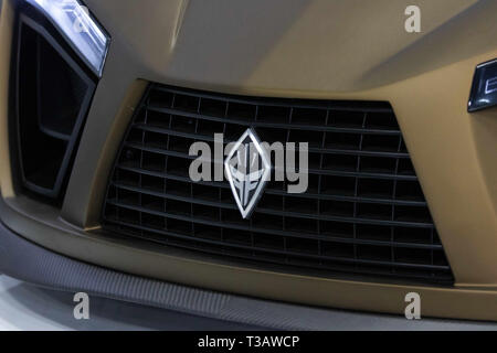 Edmonton, Alberta, Canada. 3 apr, 2019. Edmonton Motor Show auto Premier- Felino vetture annuncia il felino cB7r, uno dei soli 10 essendo realizzata e prodotta in Laval Quebec, Canada. Vendita al dettaglio per $365.000 cdn, il felino cB7 è personalizzato, una sola auto alla volta, secondo i gusti e le richieste del cliente. Le vetture sono in grado di raggiungere velocità superiori a 300 km/h. 2 del cB7r sono già venduti e uno era già stato consegnato. La sua sorella modello cB7 è più leggero e più potente. Credito: Ron Palmer/SOPA Immagini/ZUMA filo/Alamy Live News Foto Stock