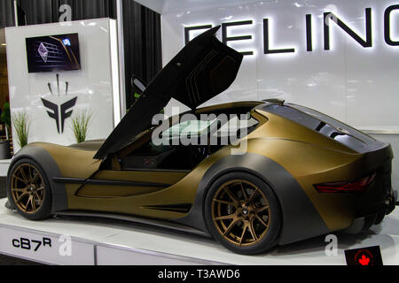 Edmonton, Alberta, Canada. 3 apr, 2019. Edmonton Motor Show auto Premier- Felino vetture annuncia il felino cB7r, uno dei soli 10 essendo realizzata e prodotta in Laval Quebec, Canada. Vendita al dettaglio per $365.000 cdn, il felino cB7 è personalizzato, una sola auto alla volta, secondo i gusti e le richieste del cliente. Le vetture sono in grado di raggiungere velocità superiori a 300 km/h. 2 del cB7r sono già venduti e uno era già stato consegnato. La sua sorella modello cB7 è più leggero e più potente. Credito: Ron Palmer/SOPA Immagini/ZUMA filo/Alamy Live News Foto Stock
