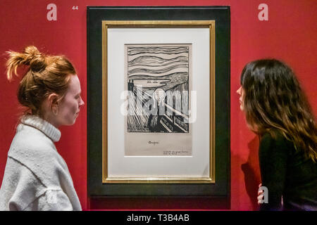 Londra, Regno Unito. 8 Apr 2019. Schizzo per il grido - Edvard Munch: amore e angst presso il British Museum, la più grande esposizione di Munch le stampe nel Regno Unito per 45 anni. La mostra è una collaborazione con la Norvegia è il Museo di Munch e corre 11 Aprile - 21 luglio 2019. Credito: Guy Bell/Alamy Live News Foto Stock