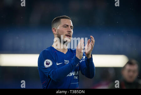 Londra, Regno Unito. 08 apr, 2019. Pericolo di Eden di Chelsea durante il match di Premier League tra Chelsea e West Ham United a Stamford Bridge, Londra, Inghilterra il 8 aprile 2019. Foto di Andy Rowland. Credito: prime immagini multimediali/Alamy Live News Foto Stock