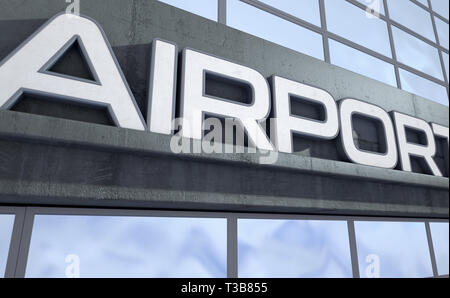Digital Signage sopra l'entrata di un moderno aeroporto generico edificio costruito in cemento esposte e vetro riflettente di giorno - 3D render Foto Stock