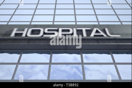 Digital Signage sopra l'entrata di un moderno ospedale generico edificio costruito in cemento esposte e vetro riflettente di giorno - 3D render Foto Stock