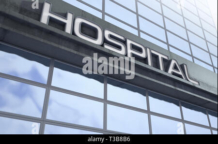 Digital Signage sopra l'entrata di un moderno ospedale generico edificio costruito in cemento esposte e vetro riflettente di giorno - 3D render Foto Stock