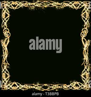 Vector cornice dorata con cuori effetti di luce. Preparazione per la cartolina Natale di nozze Shining rettangolo. su uno sfondo nero EPS 10 Illustrazione Vettoriale