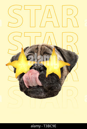 Superstar. Cane o pug la testa con giallo succosa carambole come occhi contro la banana-colore di sfondo. Il design moderno. L'arte contemporanea collage. Concetto di musica, vacanza, i diritti degli animali o nel fine settimana. Foto Stock