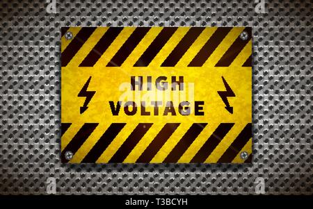 Giallo luminoso simbolo di alta tensione sulla griglia metallica, background industriale Illustrazione Vettoriale