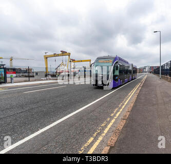 Belfast Glider bus. Elegante e moderno 'Bendy bus' come i mezzi di trasporto pubblico che passa il Titanic Studios. Irlanda del Nord Foto Stock