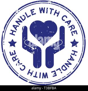 Grunge maniglia blu con cura round timbro di gomma Illustrazione Vettoriale