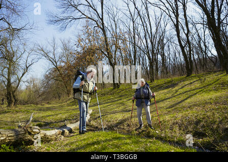 Migliori momenti insieme. Famiglia di età matura di un uomo e di una donna in costume turistiche a piedi a prato verde in giornata soleggiata vicino dal creek. Concetto di turismo, uno stile di vita sano, relax e stare insieme. Foto Stock