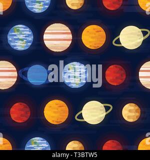 Spazio stampa. Vettore di Seamless pattern. I pianeti del sistema solare su uno sfondo scuro. Universo, spazio esterno Illustrazione Vettoriale