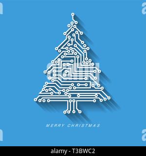Vector albero di Natale dal circuito elettronico digitale su sfondo blu con lunga ombra Illustrazione Vettoriale