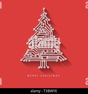 Vector albero di Natale dal circuito elettronico digitale su sfondo rosso con lunga ombra Illustrazione Vettoriale