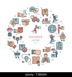 Circolare modello colorato consegna set di logistica in stile appartamento. Icone vettoriali per il web, una infografica o stampa. Illustrazione Vettoriale