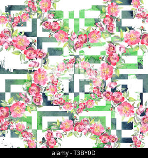 Rosa peonia bouquet floreale di fiori di botanica. Acquerello illustrazione dello sfondo impostato. Perfetta configurazione di sfondo. Foto Stock