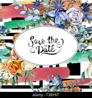 Bouquet di fiori di campo botanico floreale di fiori. Acquerello illustrazione dello sfondo impostato. Bordo del frame ornamento square. Foto Stock