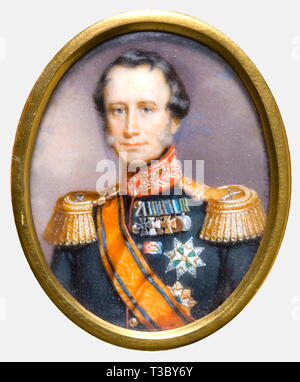 Portrait miniature dei sovrani europei, circa 1850, acquarello e gouache su avorio di Re Guglielmo II dei Paesi Bassi (1792 - 1849), in uniforme con le medaglie, firmato "C. Hamburger', circa 35 x 27 mm, persone, secolo XIX, oggetto, gli oggetti alambicchi, clipping, clippings, tagliate, cut-out, cut-outs, Uomo, uomini, maschio, Additional-Rights-Clearance-Info-Not-Available Foto Stock