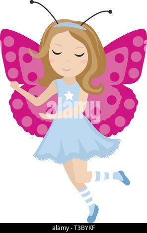 Ragazza carina icona a farfalla nel piatto, stile cartoon. Baby costume di carnevale. Isolato su sfondo bianco. Illustrazione Vettoriale. Illustrazione Vettoriale