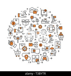 Circolare modello colorato consegna set di logistica in stile appartamento. Icone vettoriali per il web, una infografica o stampa. Illustrazione Vettoriale