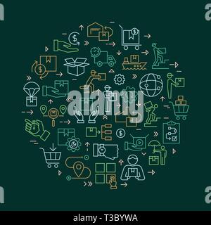 Circolare modello colorato consegna set di logistica in stile appartamento. Icone vettoriali per il web, una infografica o stampa. Illustrazione Vettoriale