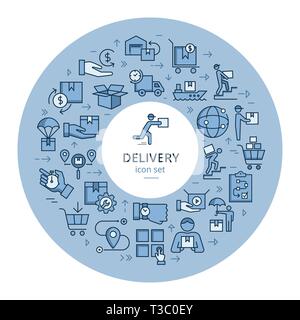 Circolare modello colorato consegna set di logistica in stile appartamento. Icone vettoriali per il web, una infografica o stampa. Illustrazione Vettoriale