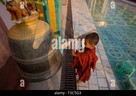 Il debuttante monaco buddista che colpisce una campana al Vesak luna piena festa per celebrare il compleanno di Buddha a Shwe Yin Pagoda Maw, vicino a Thazi, Myan Foto Stock
