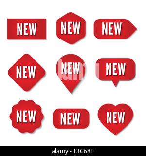 Nuova collezione di figurine. Set di vettore rosso etichette e nastri Illustrazione Vettoriale