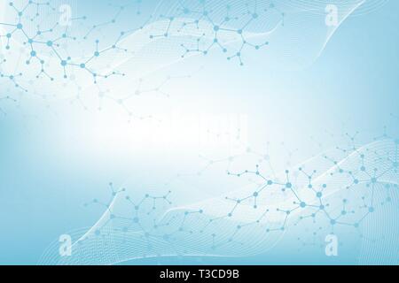 Molecola scientifico sfondo per la medicina, la scienza, tecnologia chimica. Flusso di onde. Carta da parati o banner con molecole di DNA struttura, punti, linee Illustrazione Vettoriale