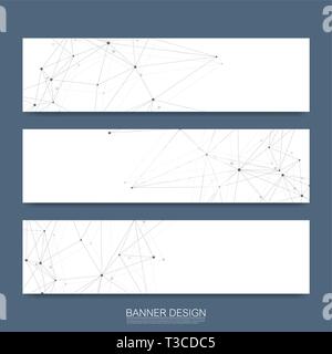 Le molecole di astratta banner impostato con linee, punti, cerchi, poligoni. Il design del vettore di comunicazione di rete sullo sfondo. Futuristico scienza digitale Illustrazione Vettoriale