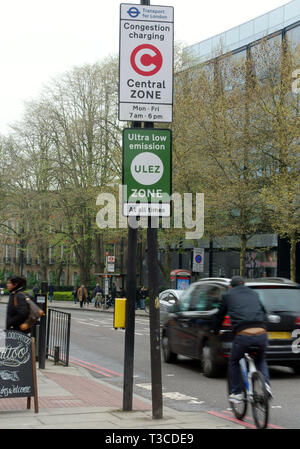 Ultra bassa zona di emissione (ULEZ) è entrato in vigore nel London congestion charge area su 8 aprile 2019 Foto Stock