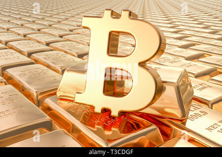 Lo sfondo da lingotti di oro con simbolo bitcoin, rendering 3D Foto Stock