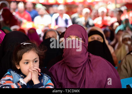 I sostenitori di India del partito politico conferenza nazionale sono visto che frequentano un comizio elettorale prima delle prossime elezioni in Srinagar. Foto Stock