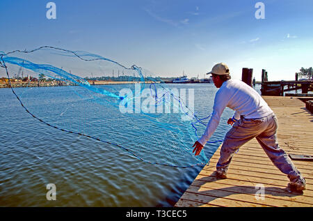 Un uomo getta un cast net per i pesci in Bayou La Batre, Alabama, nov. 23, 2012. Foto Stock