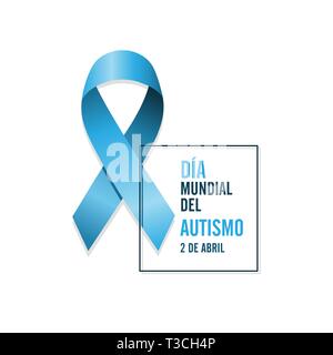 Blue Ribbon di autismo con testo spagnolo e data. International autismo giornata di sensibilizzazione. Isolato illustrazione vettoriale Illustrazione Vettoriale