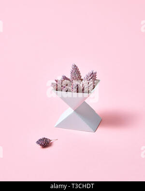Composizione creativa di due scatole di cartone con i coni su uno sfondo rosa con spazio per il testo. Layout di autunno Foto Stock