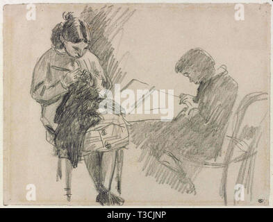 Alfred Sisley (1839 - 1899) - jeune fille assise tricotant et onu jeune garon assis tenant une"feuille Foto Stock