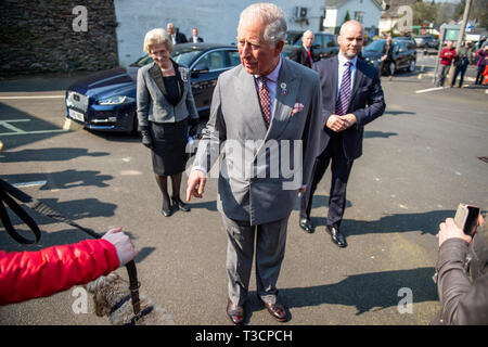 Lake District, UK. 08 Aprile 2019 - Il principe Carlo esegue un certo numero di impegni nel distretto del Lago Foto Stock