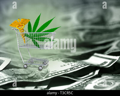 Foglia di marijuana e il caduceo in un carrello. Dollari USA. Foto Stock