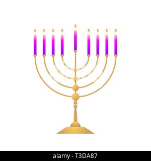 Il Menorah multicolore è isolato su sfondo bianco è oro e porpora di colore arancione. Illustrazione Vettoriale per Hanukkah. Il concetto è di religione. Illustrazione Vettoriale