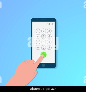 Tocco di dita di lo schermo dello smartphone con la schermata di composizione, sfondo blu, vettore illustrazione, file eps Illustrazione Vettoriale
