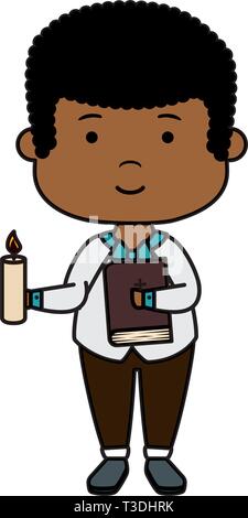 Little Black Boy con la Bibbia e la candela prima comunione Illustrazione Vettoriale