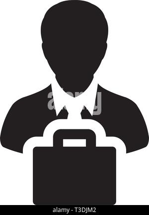 Icona del commercio maschio vettore profilo persona avatar con simbolo di borsa per retail business e del commercio in colore piatto pittogramma glyph illustrazione Illustrazione Vettoriale