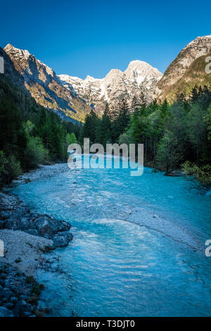 Vista dal fiume Soca attraverso la valle di montagna nel Parco Nazionale del Triglav nelle Alpi Giulie in Slovenia in primavera Foto Stock